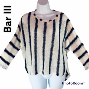 Bar III women black off white stripe knit top light weigh high low Sz S